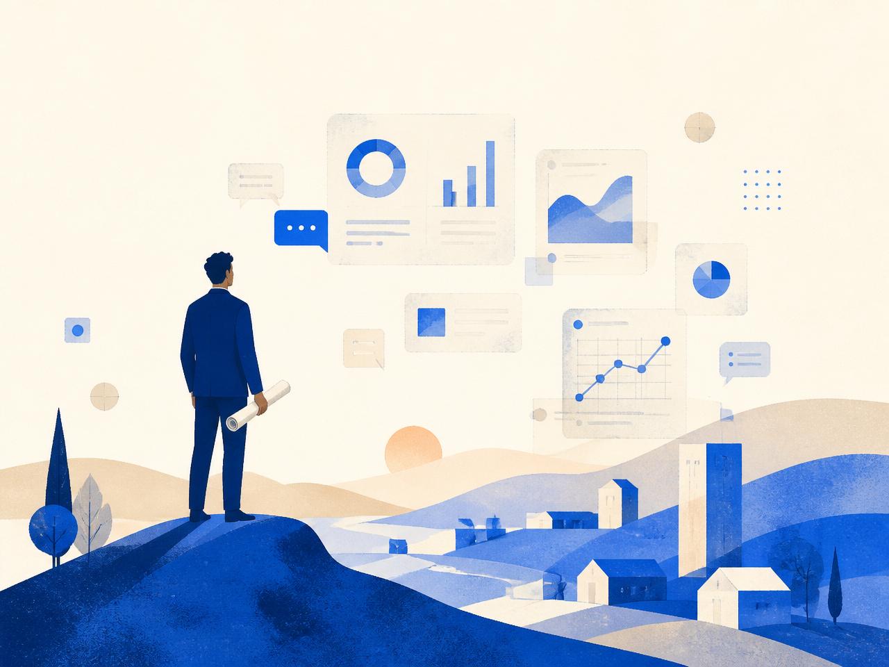 Illustrated consultant surveying a landscape of dashboards